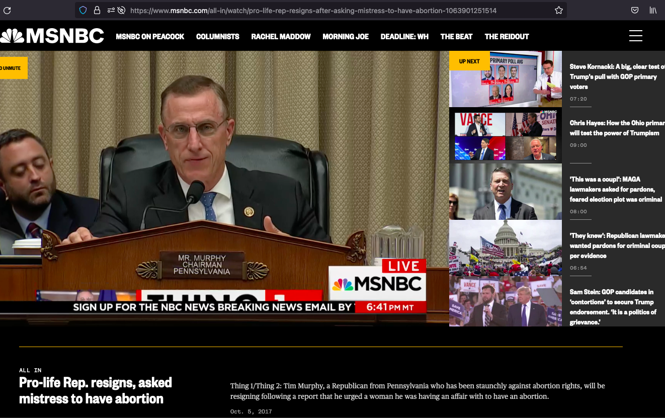 MSNBC Pro-life US Rep Tim Murphy Resigns After Abortion Request To Mistress