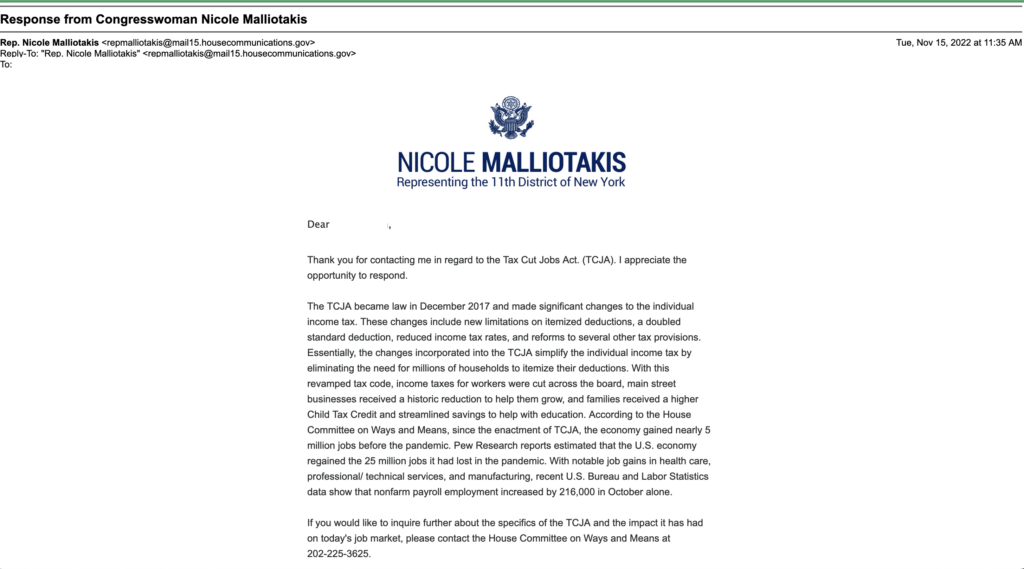 Delusional #TaxCutsAndJobsAct response from Nicole Malliotakis